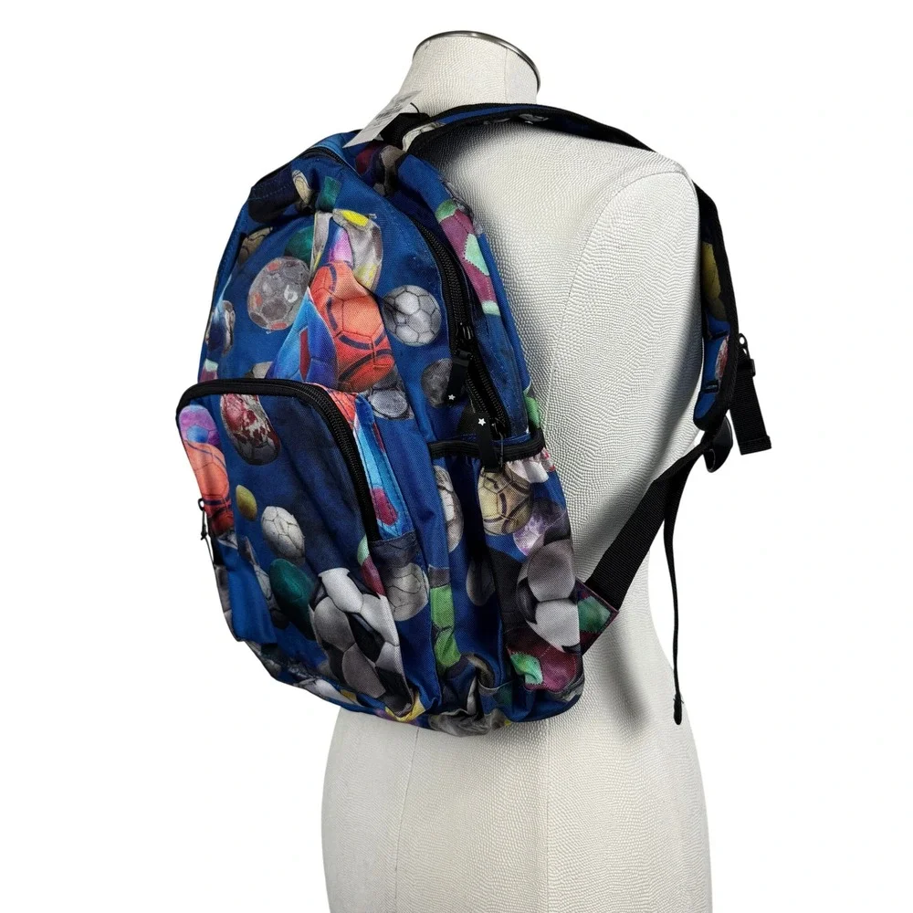 Molo Big Backpack Cosmic Footballs Blue Soccer Print Kids Bag 7W19V203 NWT